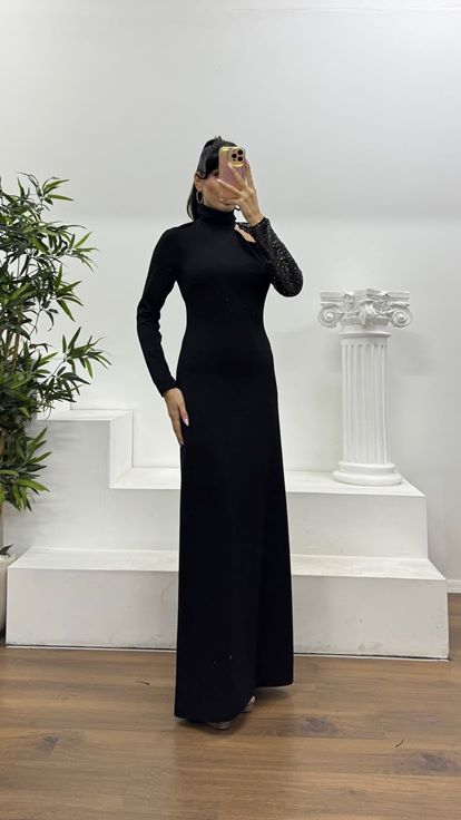 Siyah Asimetrik Payet Kol Özel Tasarım Abiye Elbise